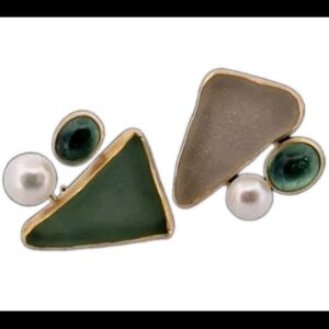 Vintage Betsy Fuller 18Kt-22Kt-24Kt Sea Glass, Tourmaline & Pearl Earrings 19.7g